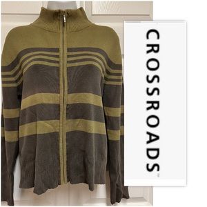 Cross Roads Olive Striped Ribbed Zippered Sweater